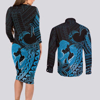 Alofa Samoa Valentine Blue Couples Matching Long Sleeve Bodycon Dress and Long Sleeve Button Shirt Love Is The Greatest Thing