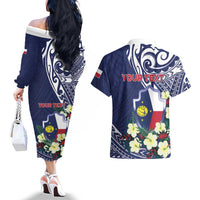 Personalised Wake Island Couples Matching Off The Shoulder Long Sleeve Dress and Hawaiian Shirt Tribal Pattern With Hibiscus Flowers