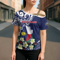 Personalised Wake Island Cross Shoulder Shirt Tribal Pattern With Hibiscus Flowers