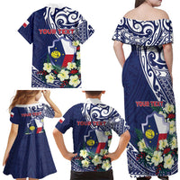 Personalised Wake Island Family Matching Off Shoulder Maxi Dress and Hawaiian Shirt Tribal Pattern With Hibiscus Flowers