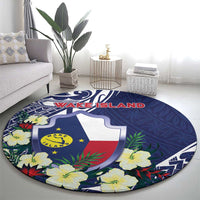Wake Island Round Carpet Tribal Pattern With Hibiscus Flowers