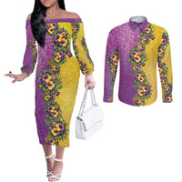 Hawaii Mardi Gras Couples Matching Off The Shoulder Long Sleeve Dress and Long Sleeve Button Shirt Plumeria Lei Beads Glitter Style LT05 Colorful - Polynesian Pride