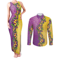 Hawaii Mardi Gras Couples Matching Tank Maxi Dress and Long Sleeve Button Shirt Plumeria Lei Beads Glitter Style