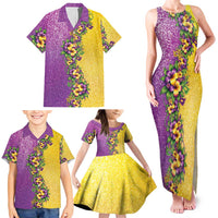 Hawaii Mardi Gras Family Matching Tank Maxi Dress and Hawaiian Shirt Plumeria Lei Beads Glitter Style LT05 - Polynesian Pride