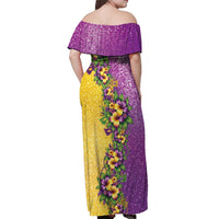 Hawaii Mardi Gras Off Shoulder Maxi Dress Plumeria Lei Beads Glitter Style