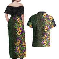 Hawaii Mardi Gras Couples Matching Off Shoulder Maxi Dress and Hawaiian Shirt Tropical Flowers Glitter Style