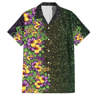 Hawaii Mardi Gras Family Matching Short Sleeve Bodycon Dress and Hawaiian Shirt Tropical Flowers Glitter Style LT05 Dad's Shirt - Short Sleeve Black - Polynesian Pride