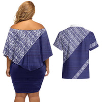 Tonga Queen Salote College Couples Matching Off Shoulder Short Dress and Hawaiian Shirt 100 Years Anniversary Navy Color