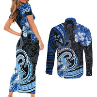 Polynesia Paisley Couples Matching Short Sleeve Bodycon Dress and Long Sleeve Button Shirt Mix Blue Polynesian Pattern LT05 - Polynesian Pride