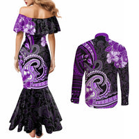 Polynesia Paisley Couples Matching Mermaid Dress and Long Sleeve Button Shirt Mix Purple Polynesian Pattern LT05 - Polynesian Pride