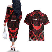 Personalised Easter Island Couples Matching Off The Shoulder Long Sleeve Dress and Hawaiian Shirt Polynesian Pattern Emblem