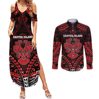 Personalised Easter Island Couples Matching Summer Maxi Dress and Long Sleeve Button Shirt Polynesian Pattern Emblem