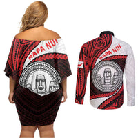 Easter Island Couples Matching Off Shoulder Short Dress and Long Sleeve Button Shirt Moai Statues Polynesian Style