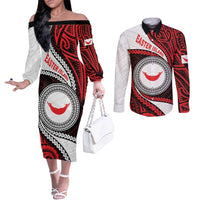 Easter Island Couples Matching Off The Shoulder Long Sleeve Dress and Long Sleeve Button Shirt Moai Statues Polynesian Style