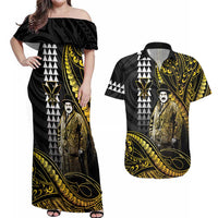 Hawaii Kuhio The Citizen Prince Couples Matching Off Shoulder Maxi Dress and Hawaiian Shirt Gold Polynesian Tribal Tattoo LT05 Gold - Polynesian Pride