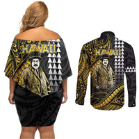Hawaii Kuhio The Citizen Prince Couples Matching Off Shoulder Short Dress and Long Sleeve Button Shirt Gold Polynesian Tribal Tattoo
