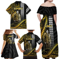 Hawaii Kuhio The Citizen Prince Family Matching Off Shoulder Maxi Dress and Hawaiian Shirt Gold Polynesian Tribal Tattoo LT05 - Polynesian Pride