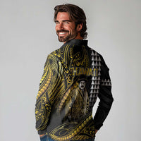 Hawaii Kuhio The Citizen Prince Long Sleeve Polo Shirt Gold Polynesian Tribal Tattoo