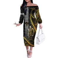 Hawaii Kuhio The Citizen Prince Off The Shoulder Long Sleeve Dress Gold Polynesian Tribal Tattoo