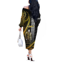 Hawaii Kuhio The Citizen Prince Off The Shoulder Long Sleeve Dress Gold Polynesian Tribal Tattoo