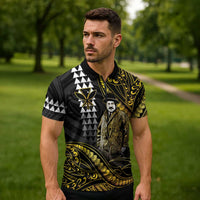 Hawaii Kuhio The Citizen Prince Zipper Polo Shirt Gold Polynesian Tribal Tattoo