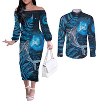 New Zealand Matariki Couples Matching Off The Shoulder Long Sleeve Dress and Long Sleeve Button Shirt Maori Koru With Humpback Whale Blue LT05 Blue - Polynesian Pride