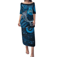 New Zealand Matariki Family Matching Puletasi and Hawaiian Shirt Maori Koru With Humpback Whale Blue LT05 Mom's Dress Blue - Polynesian Pride