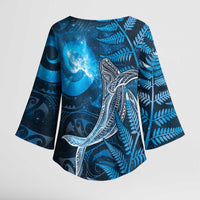 New Zealand Matariki Kimono Sleeve Blouse Maori Koru With Humpback Whale Blue