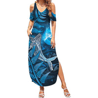 New Zealand Matariki Summer Maxi Dress Maori Koru With Humpback Whale Blue