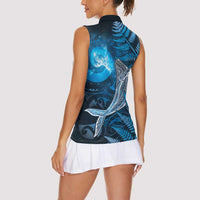New Zealand Matariki Women Sleeveless Polo Shirt Maori Koru With Humpback Whale Blue