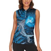 New Zealand Matariki Women Sleeveless Polo Shirt Maori Koru With Humpback Whale Blue