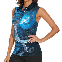 New Zealand Matariki Women Sleeveless Polo Shirt Maori Koru With Humpback Whale Blue