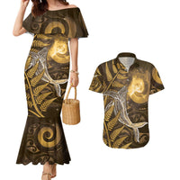 New Zealand Matariki Couples Matching Mermaid Dress and Hawaiian Shirt Maori Koru With Humpback Whale Gold LT05 Gold - Polynesian Pride