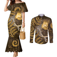 New Zealand Matariki Couples Matching Mermaid Dress and Long Sleeve Button Shirt Maori Koru With Humpback Whale Gold LT05 Gold - Polynesian Pride