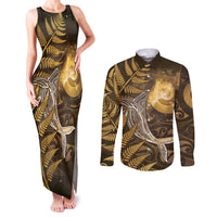 New Zealand Matariki Couples Matching Tank Maxi Dress and Long Sleeve Button Shirt Maori Koru With Humpback Whale Gold LT05 Gold - Polynesian Pride