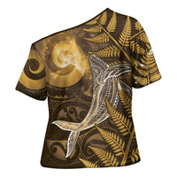 New Zealand Matariki Cross Shoulder Shirt Maori Koru With Humpback Whale Gold