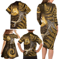 New Zealand Matariki Family Matching Long Sleeve Bodycon Dress and Hawaiian Shirt Maori Koru With Humpback Whale Gold LT05 - Polynesian Pride