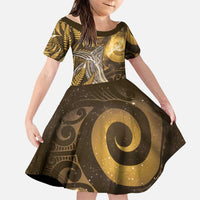 New Zealand Matariki Family Matching Off Shoulder Maxi Dress and Hawaiian Shirt Maori Koru With Humpback Whale Gold LT05 Daughter's Dress Gold - Polynesian Pride