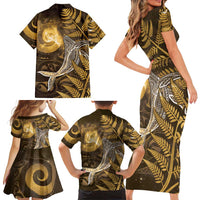 New Zealand Matariki Family Matching Short Sleeve Bodycon Dress and Hawaiian Shirt Maori Koru With Humpback Whale Gold LT05 - Polynesian Pride