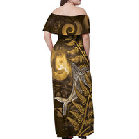 New Zealand Matariki Off Shoulder Maxi Dress Maori Koru With Humpback Whale Gold