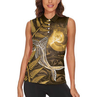 New Zealand Matariki Women Sleeveless Polo Shirt Maori Koru With Humpback Whale Gold LT05 - Polynesian Pride