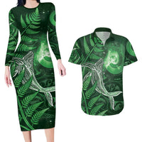 New Zealand Matariki Couples Matching Long Sleeve Bodycon Dress and Hawaiian Shirt Maori Koru With Humpback Whale Green LT05 Green - Polynesian Pride