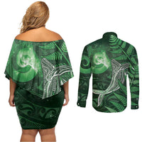 New Zealand Matariki Couples Matching Off Shoulder Short Dress and Long Sleeve Button Shirt Maori Koru With Humpback Whale Green