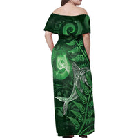 New Zealand Matariki Family Matching Off Shoulder Maxi Dress and Hawaiian Shirt Maori Koru With Humpback Whale Green LT05 - Polynesian Pride