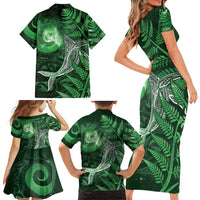 New Zealand Matariki Family Matching Short Sleeve Bodycon Dress and Hawaiian Shirt Maori Koru With Humpback Whale Green LT05 - Polynesian Pride