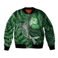 New Zealand Matariki Sleeve Zip Bomber Jacket Maori Koru With Humpback Whale Green