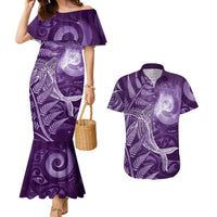 New Zealand Matariki Couples Matching Mermaid Dress and Hawaiian Shirt Maori Koru With Humpback Whale Purple LT05 Purple - Polynesian Pride