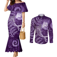 New Zealand Matariki Couples Matching Mermaid Dress and Long Sleeve Button Shirt Maori Koru With Humpback Whale Purple LT05 Purple - Polynesian Pride