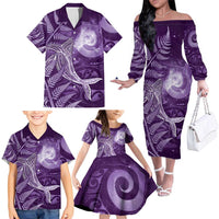 New Zealand Matariki Family Matching Off The Shoulder Long Sleeve Dress and Hawaiian Shirt Maori Koru With Humpback Whale Purple LT05 - Polynesian Pride