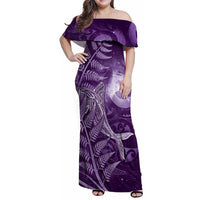 New Zealand Matariki Family Matching Off Shoulder Maxi Dress and Hawaiian Shirt Maori Koru With Humpback Whale Purple LT05 Mom's Dress Purple - Polynesian Pride